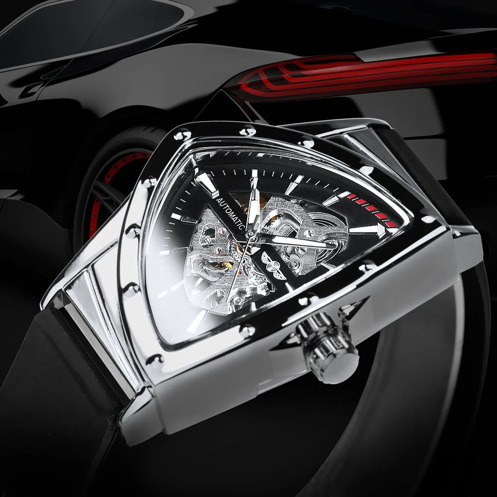 Montre Sport Automatique Squelette Triangle Homme WINNER – Bracelet Caoutchouc, Style Militaire