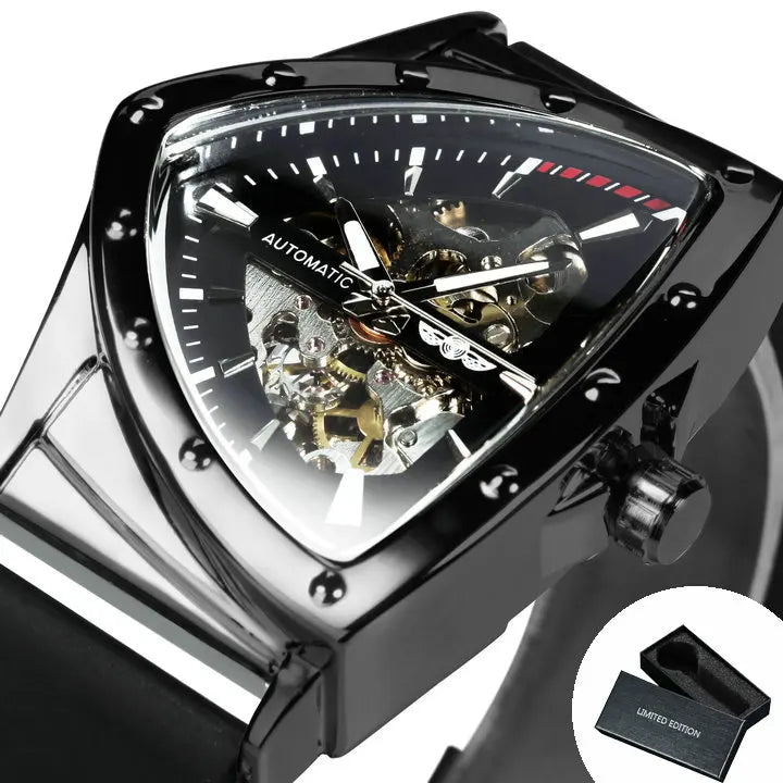 Montre Sport Automatique Squelette Triangle Homme WINNER – Bracelet Caoutchouc, Style Militaire
