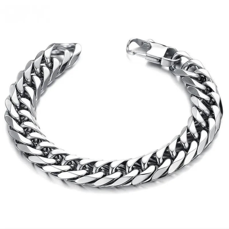HNSP – Bracelet à maillons cubains en acier inoxydable pour hommes, style punk hip hop, couleur argent, épaisseur 8/10/12/14MM