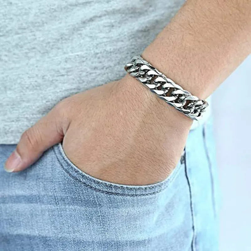 HNSP – Bracelet à maillons cubains en acier inoxydable pour hommes, style punk hip hop, couleur argent, épaisseur 8/10/12/14MM