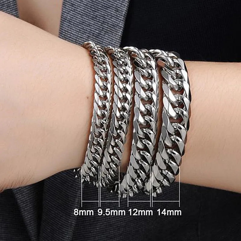 HNSP – Bracelet à maillons cubains en acier inoxydable pour hommes, style punk hip hop, couleur argent, épaisseur 8/10/12/14MM