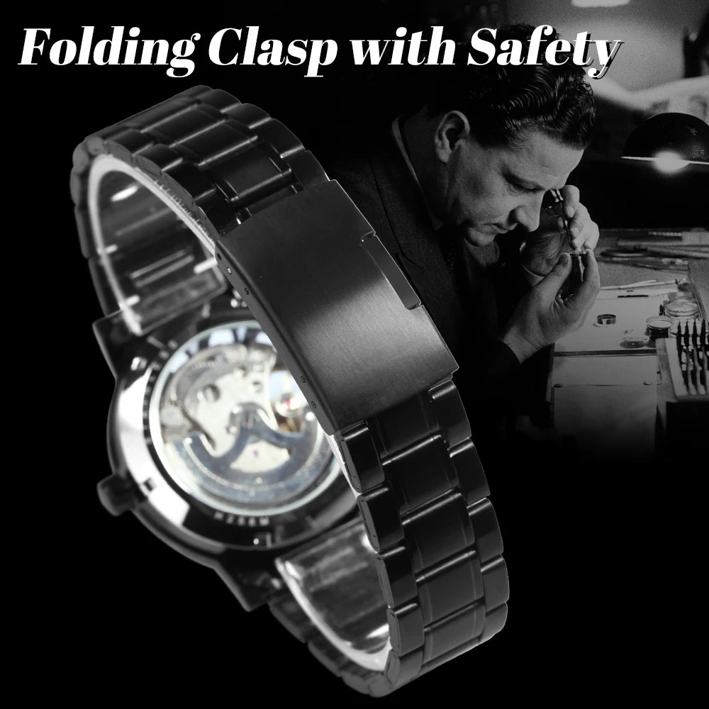 Montre Mécanique Squelette Noir Homme WINNER – Aiguilles Lumineuses, Bracelet Acier