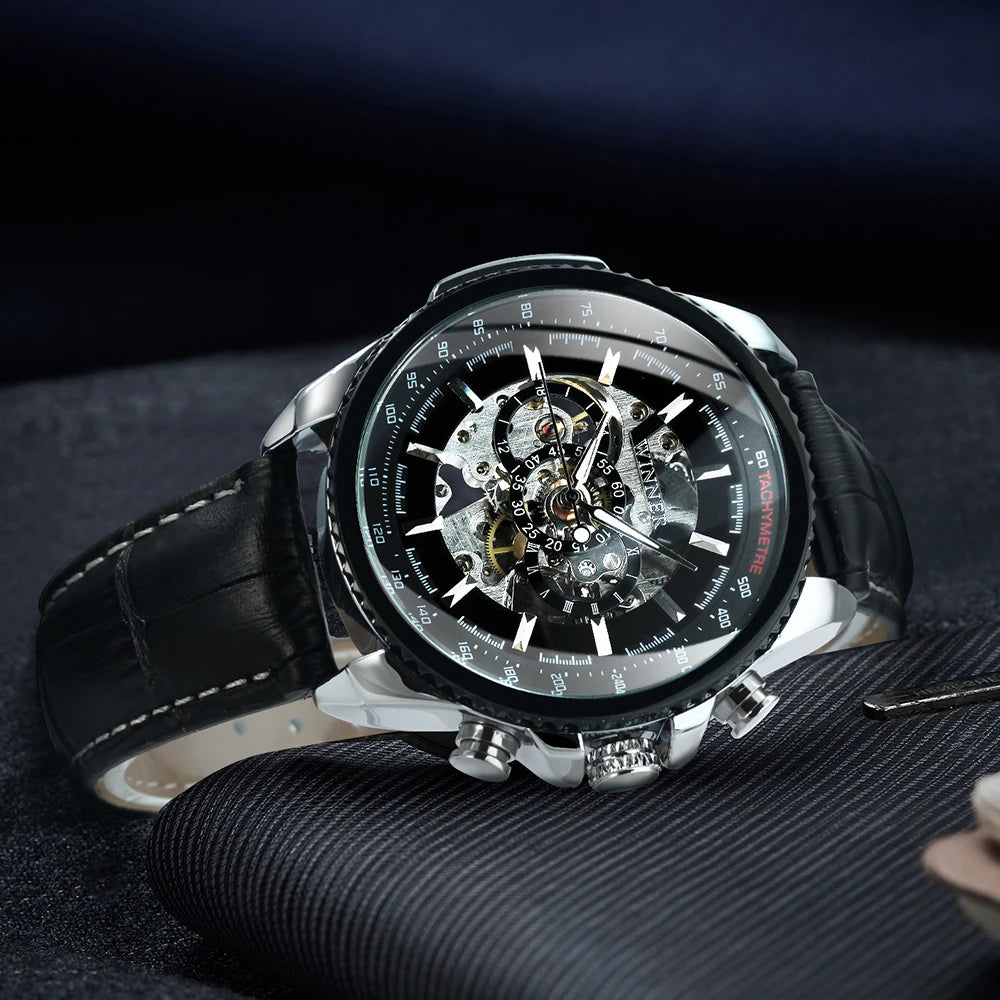 Montre Automatique Squelette Militaire Homme WINNER – Steampunk, Bracelet Cuir