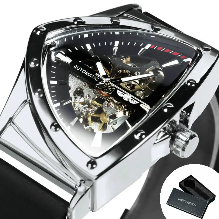 Montre Sport Automatique Squelette Triangle Homme WINNER – Bracelet Caoutchouc, Style Militaire