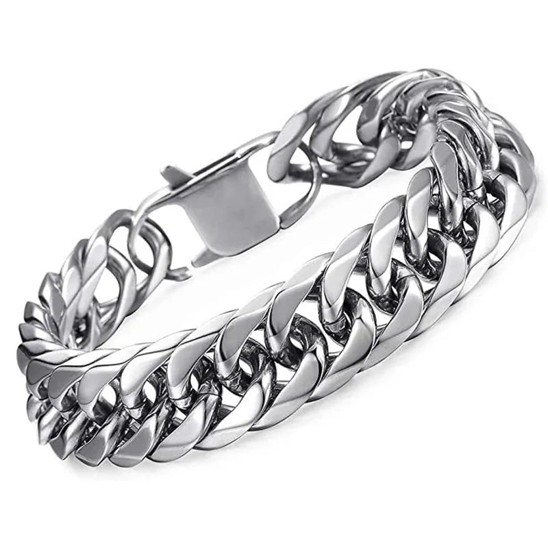 HNSP – Bracelet à maillons cubains en acier inoxydable pour hommes, style punk hip hop, couleur argent, épaisseur 8/10/12/14MM