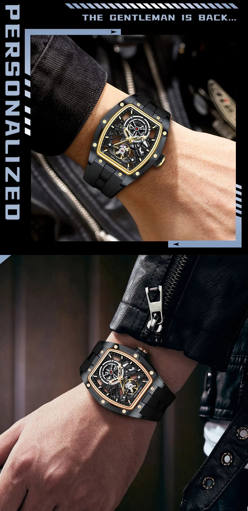 Montre Homme MINIFOCUS — Mécanique Automatique Squelette, Silicone & Waterproof 5ATM