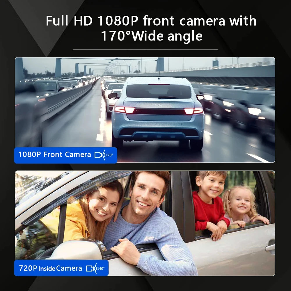Caméra de tableau de bord double WIFI 1080P pour voitures, avant et intérieure, caméra de voiture avec vision nocturne IR, enregistrement en boucle, grand angle, caméra DVR pour voiture