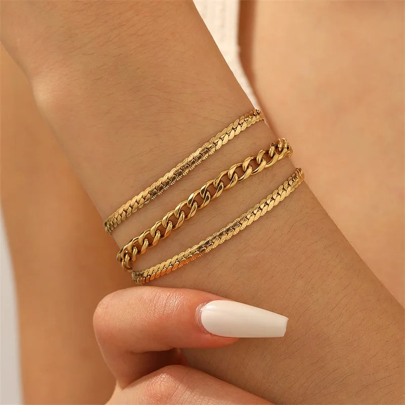 GANEMLY – Bracelet en acier inoxydable pour femmes, chaînes torsadées superposées en 3 couleurs, chaîne de poignet étanche, bijoux étanches