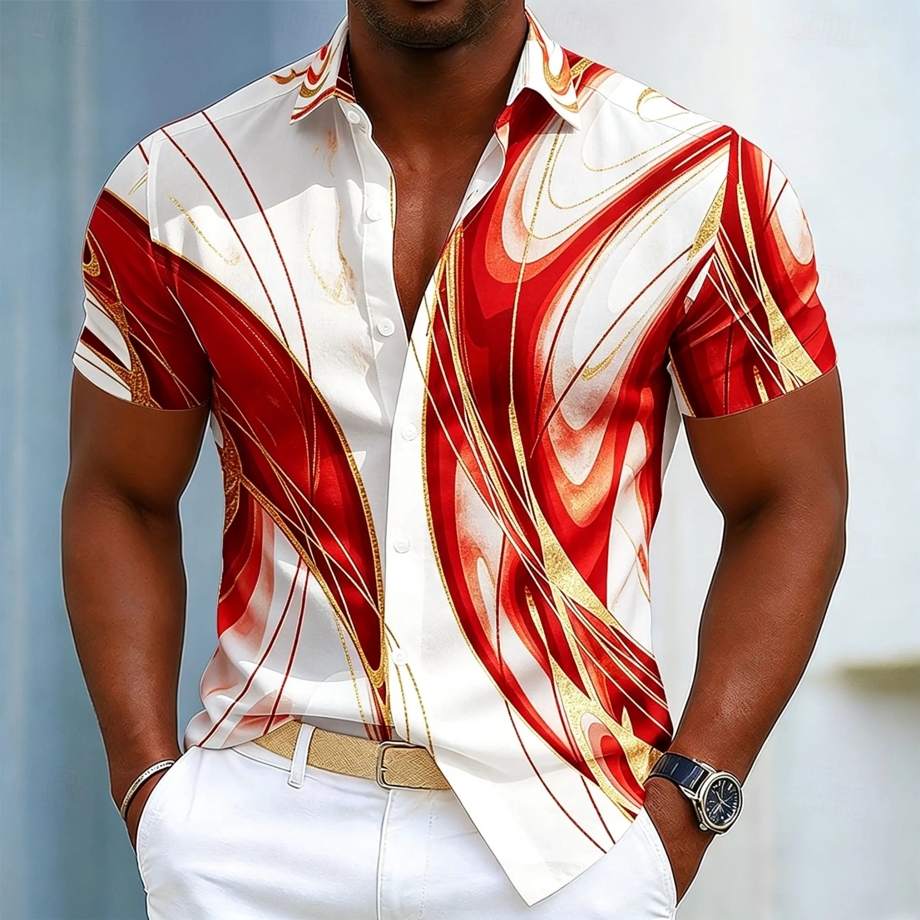 Chemise à manches courtes pour homme, imprimé abstrait marbré et feuille d'or, motif graphique fluide de luxe. Plusieurs coloris disponible