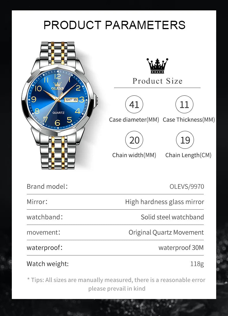 OLEVS montre de luxe montre pour hommes étanche argent acier inoxydable classique montre-bracelet à Quartz décontractée .