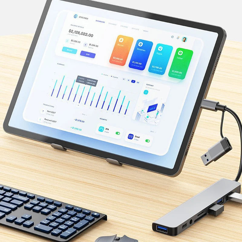 Station d'accueil HUB USB + Type C 8 en 2 avec adaptateur jack audio 3,5 mm pour lecteur de carte Micro SD, ordinateur portable, tablette, téléphone, convertisseur de disque