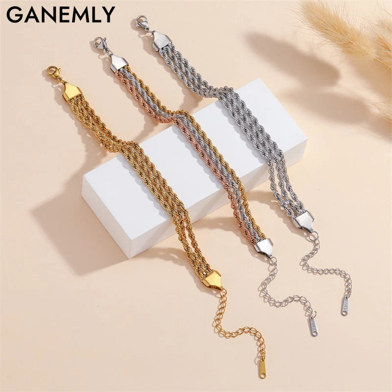 GANEMLY – Bracelet en acier inoxydable pour femmes, chaînes torsadées superposées en 3 couleurs, chaîne de poignet étanche, bijoux étanches