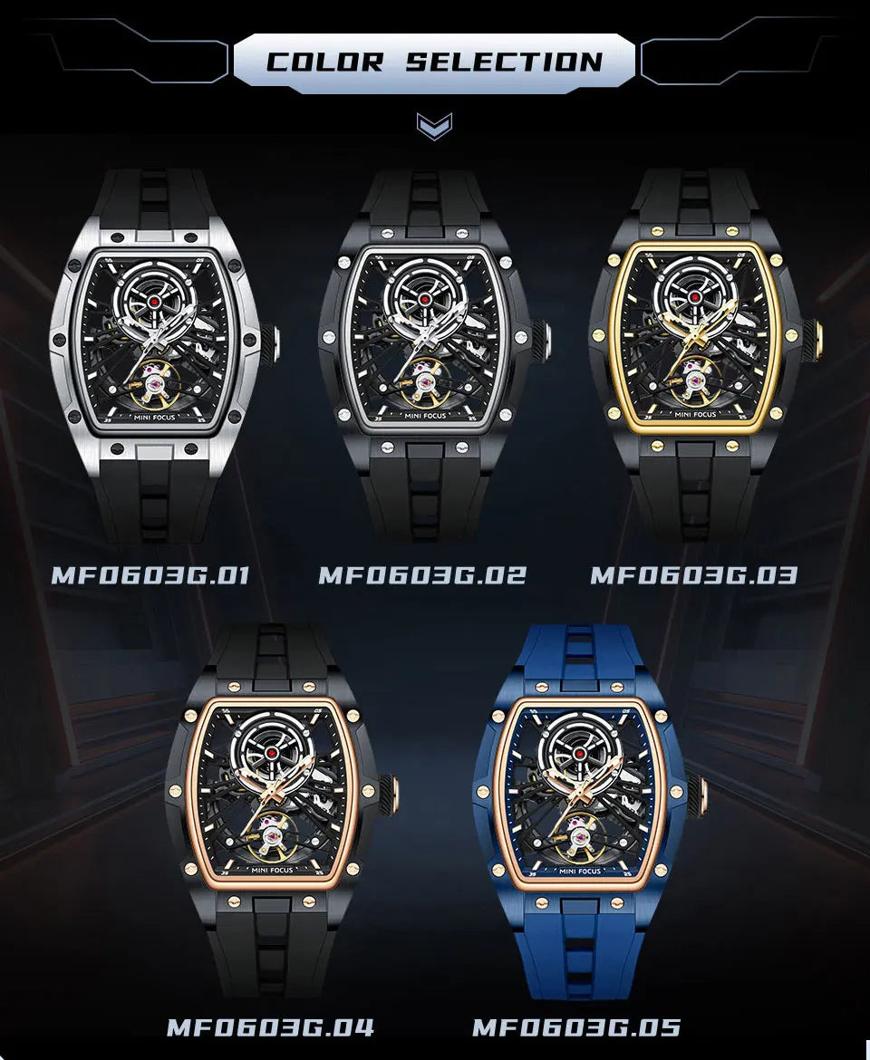 Montre Homme MINIFOCUS — Mécanique Automatique Squelette, Silicone & Waterproof 5ATM