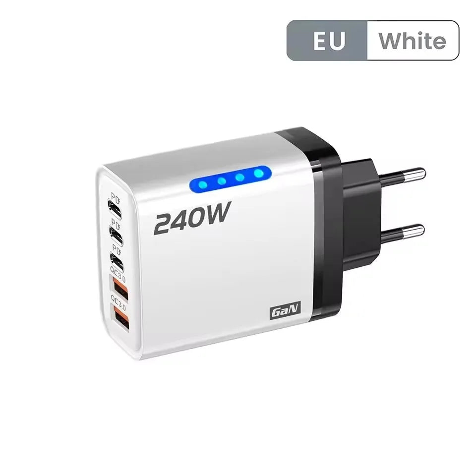 Chargeur rapide 240W GaN avec lumière LED, 2 USB + 3 Type-C, chargeur de téléphone multi-ports 5 en 1 pour iPhone 15-17 Series, Samsung, Huawei, Xiaomi 15