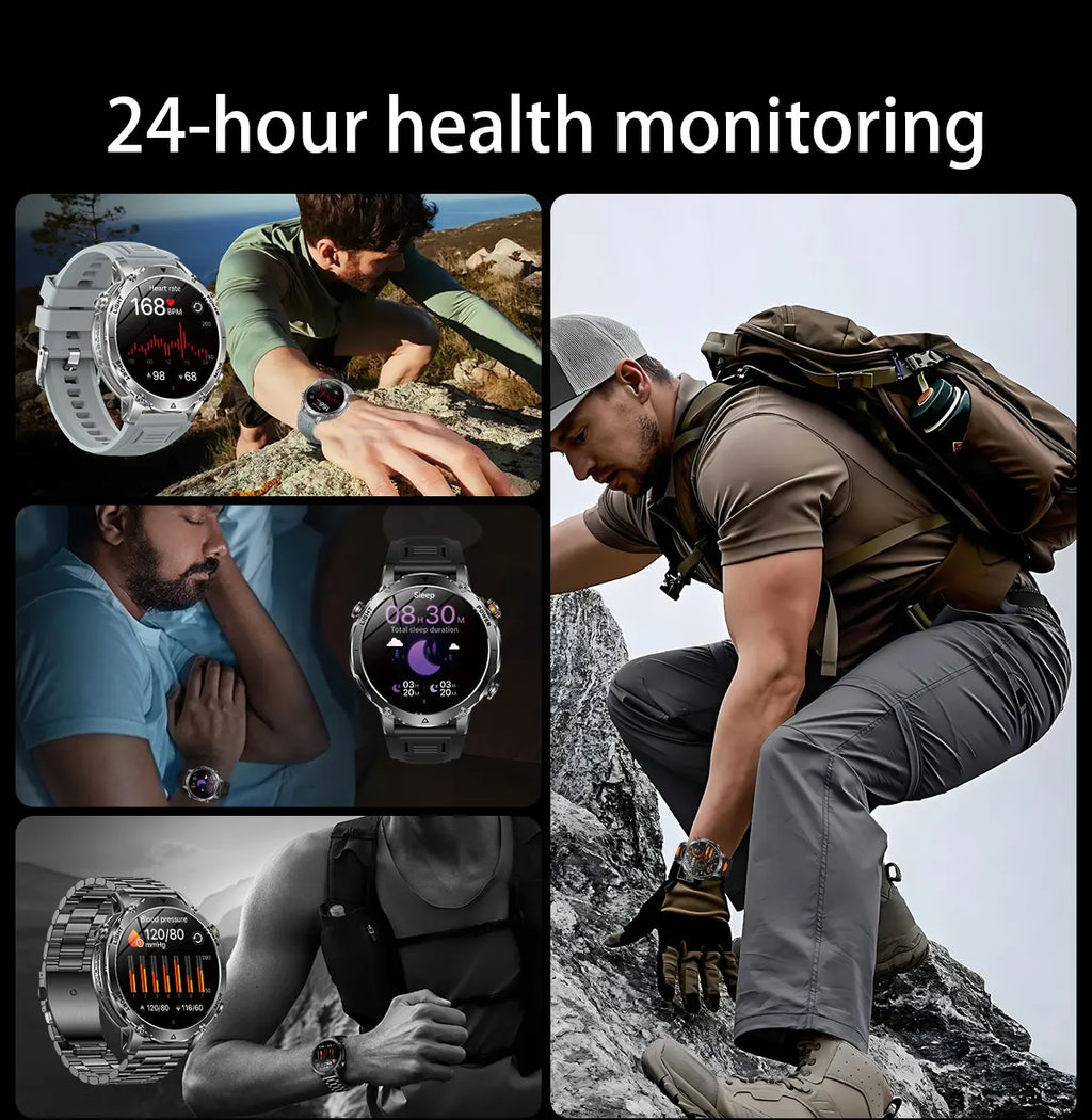 Montre Connectée Militaire 2026 pour Hommes avec Batterie 1400mAh, Lampe Torche Extérieure, Étanchéité 10ATM.