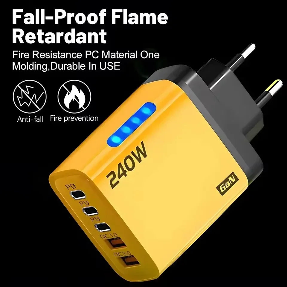 Chargeur rapide 240W GaN avec lumière LED, 2 USB + 3 Type-C, chargeur de téléphone multi-ports 5 en 1 pour iPhone , Samsung, Huawei, Xiaomi