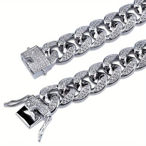 Bracelet de luxe en chaîne à maillons cubains glacés pour hommes en acier inoxydable, scintillant.