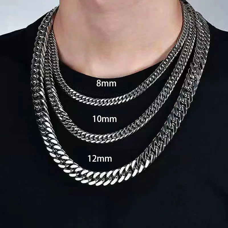Collier chaîne cubaine en acier inoxydable épais de 8mm à 14mm pour hommes.