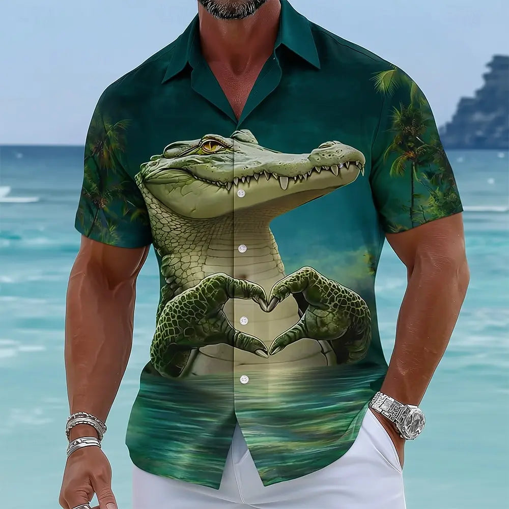 Chemise hawaïenne Aloha tropicale pour homme, imprimé animal crocodile cœur 3D, manches courtes. Plusieurs coloris disponible