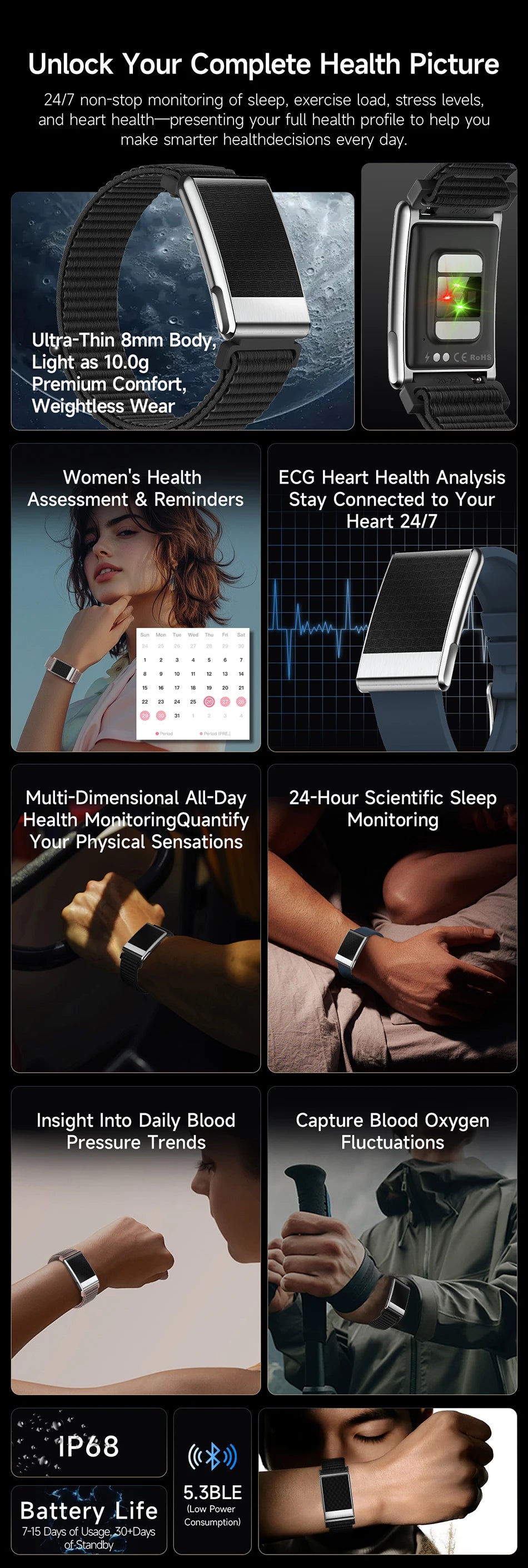 Nouvelle Montre Connectée Ultra-Mince 8mm 2026 pour Femme avec Suivi ECG, Fréquence Cardiaque, Pression Artérielle, Oxygène Sanguin et Appel Bluetooth