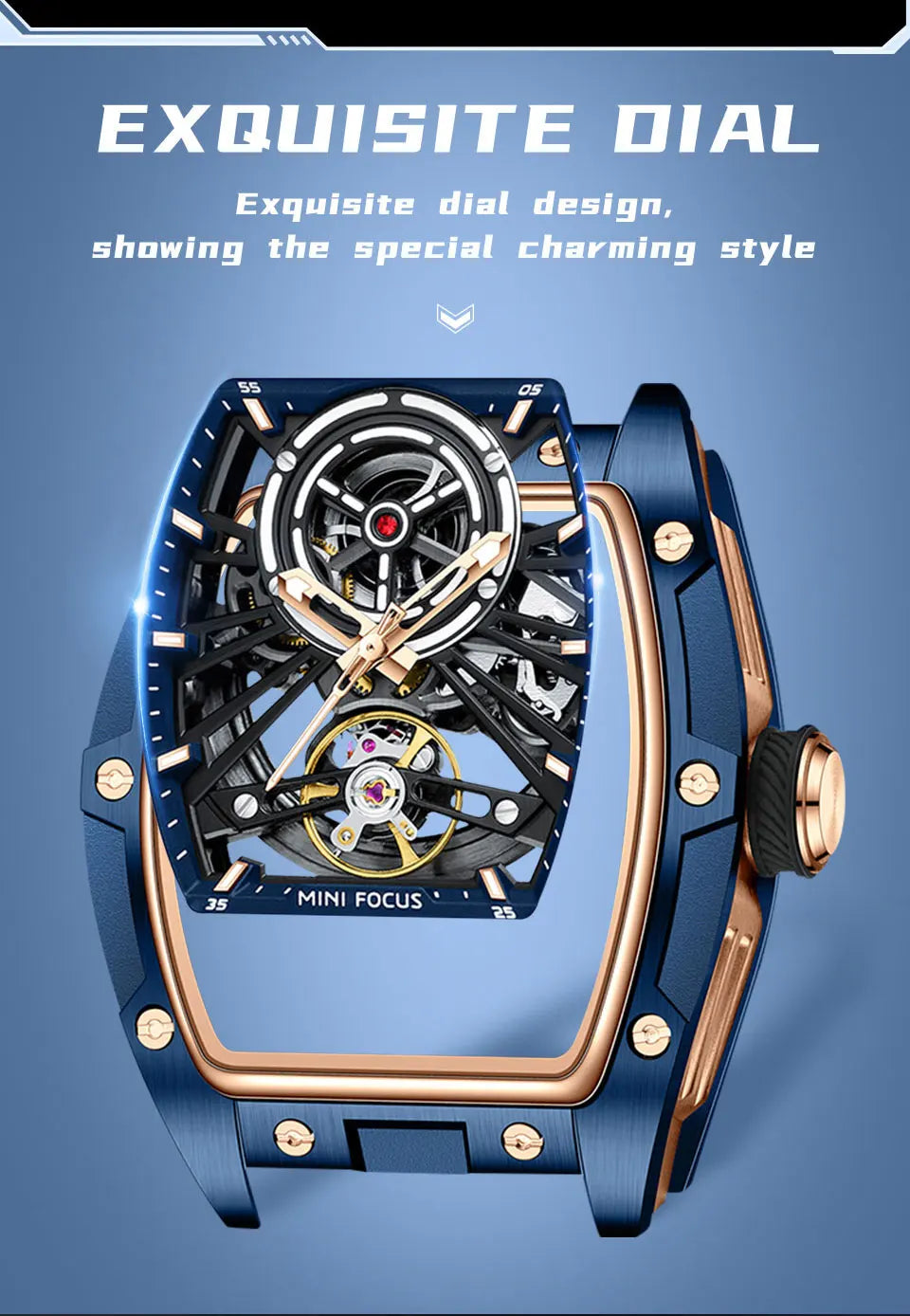 Montre Homme MINIFOCUS — Mécanique Automatique Squelette, Silicone & Waterproof 5ATM