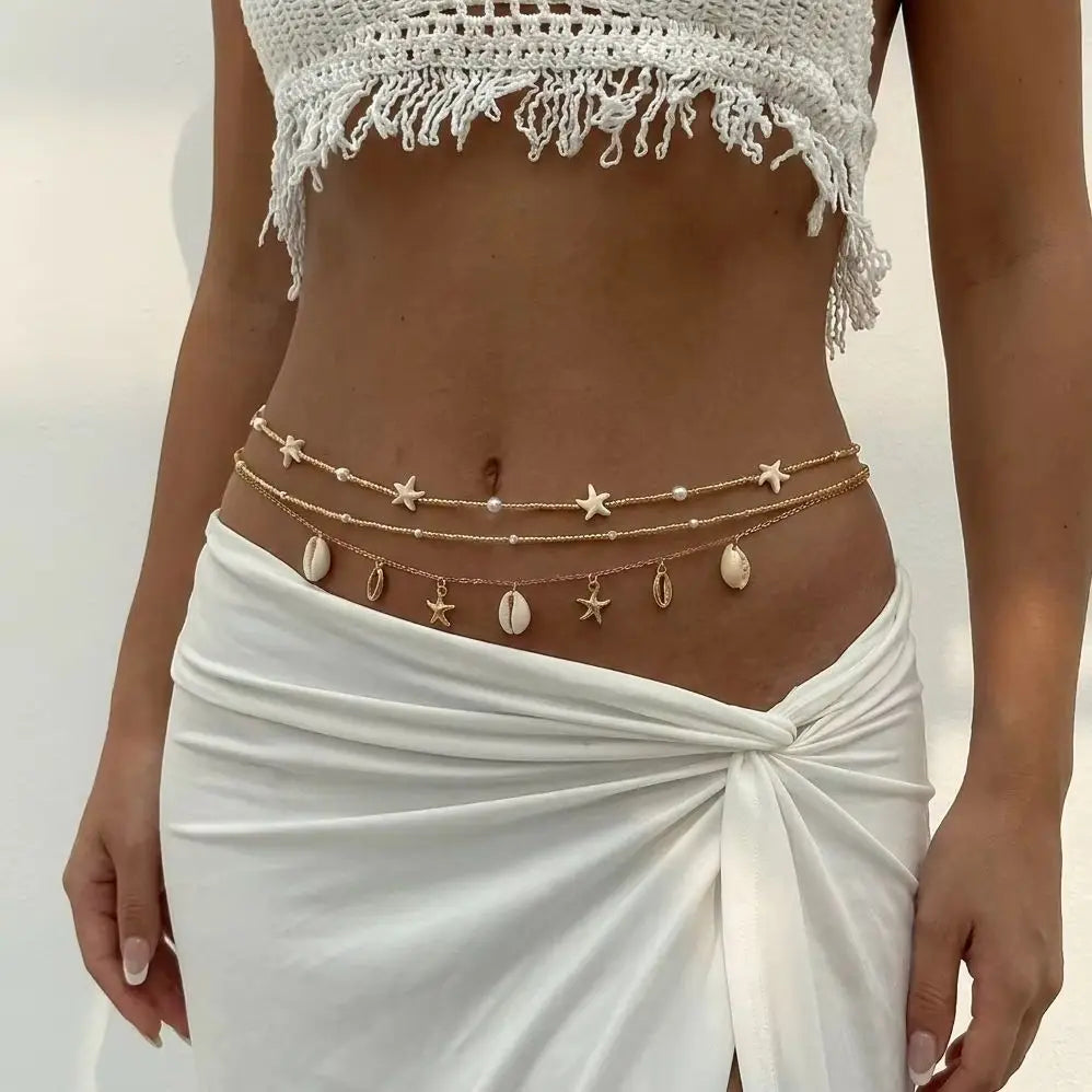 Chaîne de taille bohème tendance pour femme avec pendentifs étoile de mer, coquillage, tortue, papillon et perles de riz, bijou de corps pour fête de plage