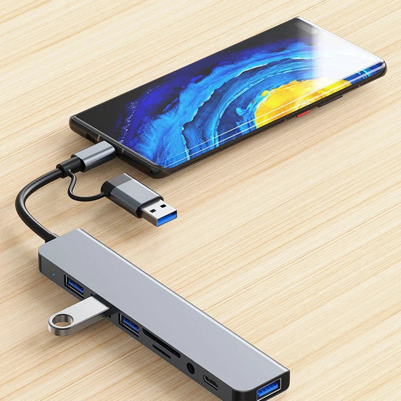 Station d'accueil HUB USB + Type C 8 en 2 avec adaptateur jack audio 3,5 mm pour lecteur de carte Micro SD, ordinateur portable, tablette, téléphone, convertisseur de disque