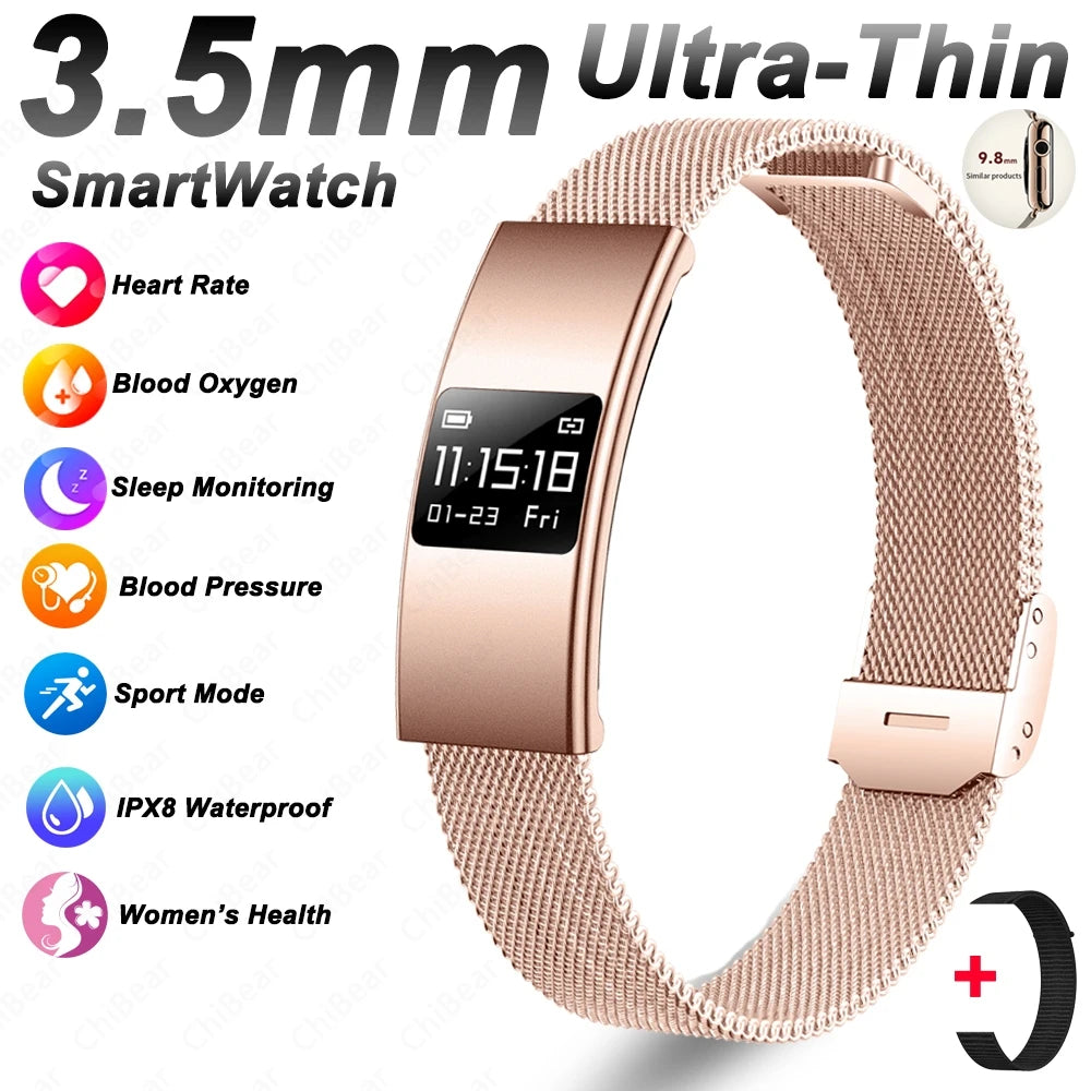 Nouveau Bracelet Connecté Ultra-Mince 3,5 mm 2026 avec Suivi de Fréquence Cardiaque et d'Oxygène Sanguin, Design Courbé, Alerte d'Appels, Bracelet Intelligent Élégant pour Femme