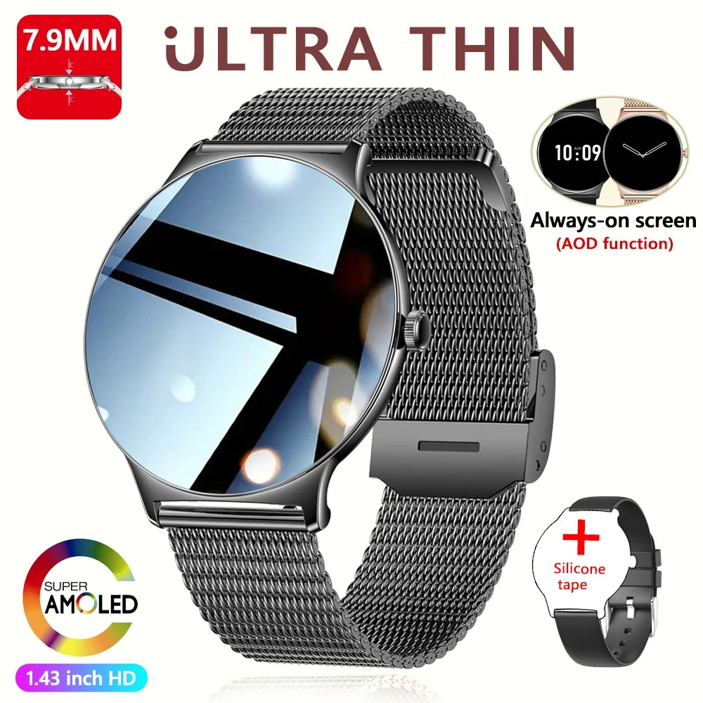 Montre Connectée Femme Jooeniok V89 Ultra-Mince 7,9 mm – 1,43" AMOLED, Appel BT, 100+ Sports