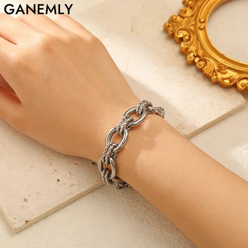 GANEMLY – Bracelet en acier inoxydable 316L pour femmes, couleur argent, chaîne à maillons, à la mode, Punk, chaîne de poignet, bijoux étanches