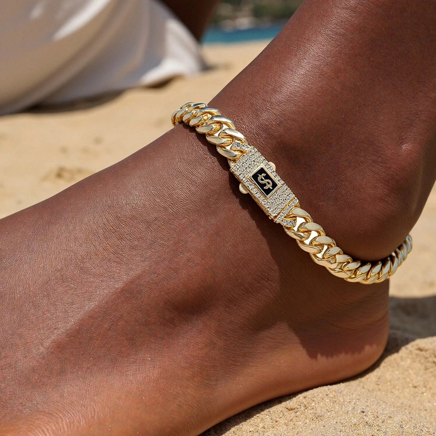 Bracelet de cheville de style Monaco hommes femmes, plaqué or 14 carats.