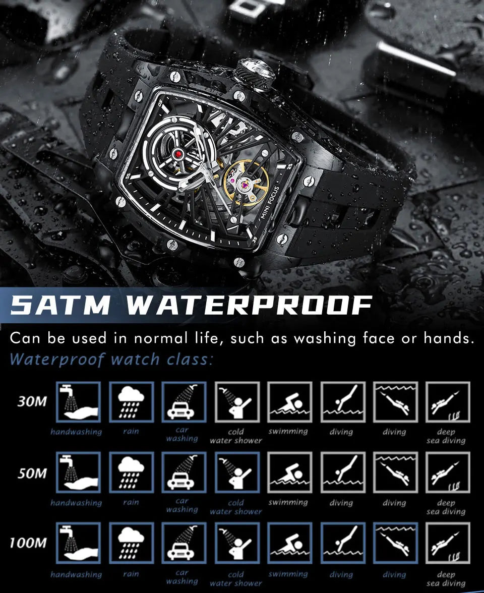 Montre Homme MINIFOCUS — Mécanique Automatique Squelette, Silicone & Waterproof 5ATM
