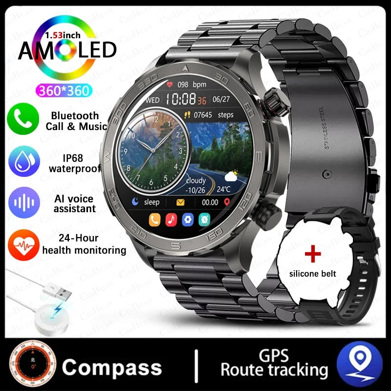 Montre intelligente étanche avec boussole pour homme, surveillance de la santé, traqueur de sport GPS, appel Bluetooth HD, assistant vocal, nouveau, 2024