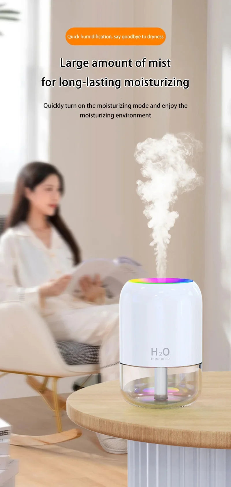 Nouveau mini humidificateur d'air , silencieux, hydratant, pour Chambre, Bureau, USB, avec lumière d'ambiance.