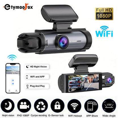 Caméra de tableau de bord pour voitures 1080P, enregistreur vidéo DVR, double caméra de voiture, vue avant et intérieure, enregistrement en boucle, moniteur WiFi Dashcam