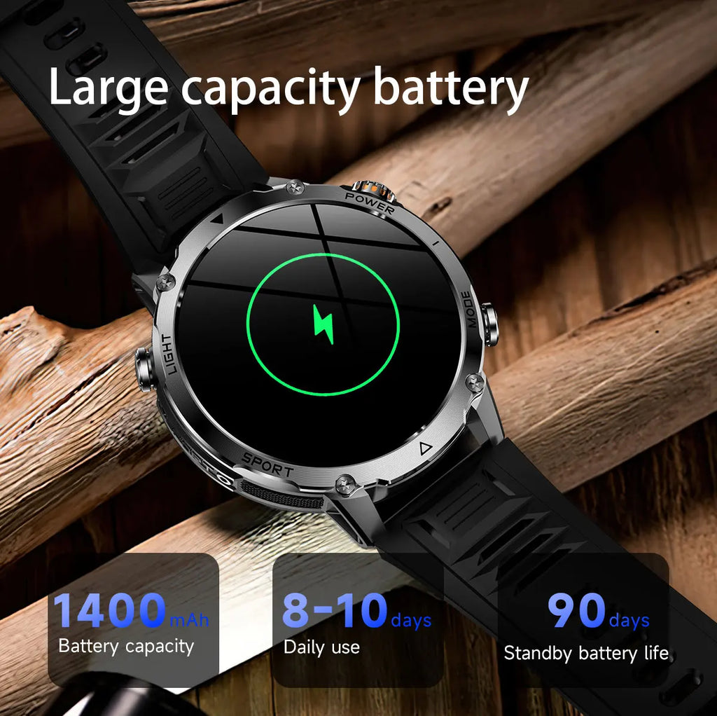 Montre Connectée Militaire 2026 pour Hommes avec Batterie 1400mAh, Lampe Torche Extérieure, Étanchéité 10ATM.