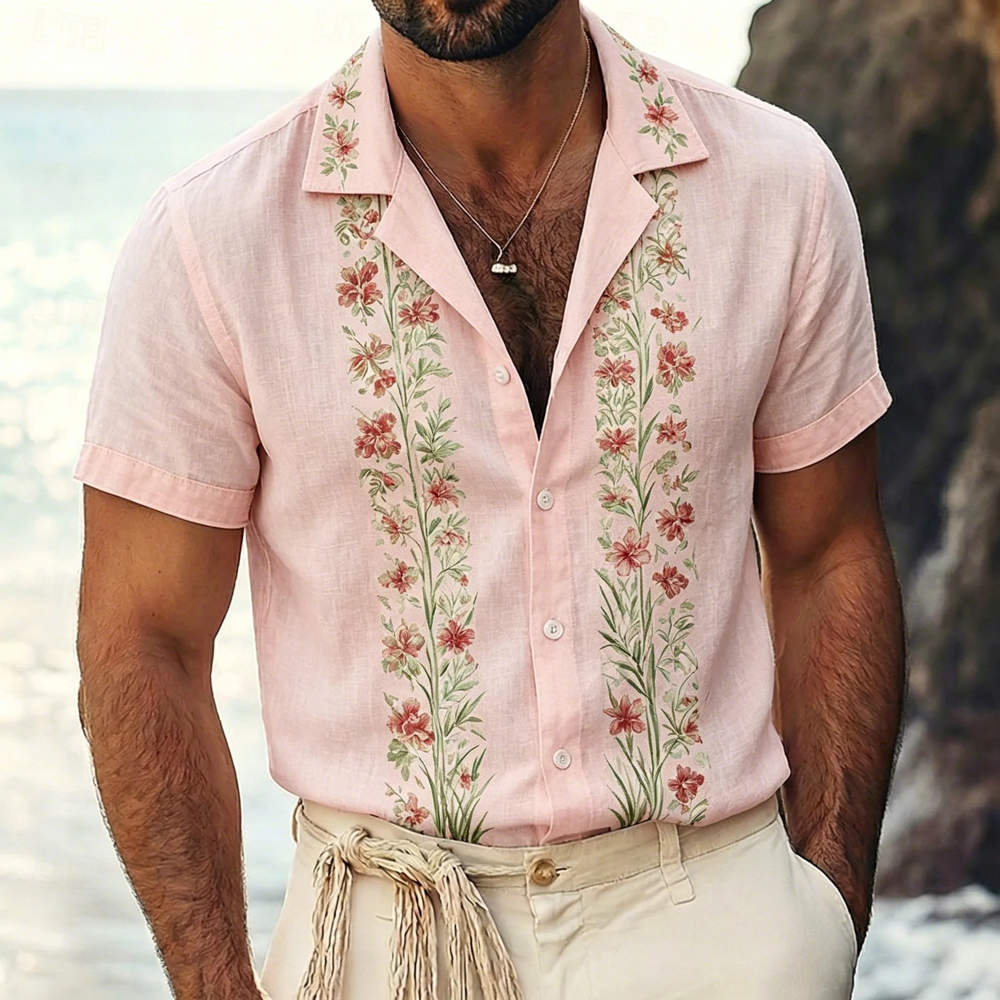 Chemise à manches courtes pour homme, imprimé floral vintage rayé. Plusieurs coloris disponibles
