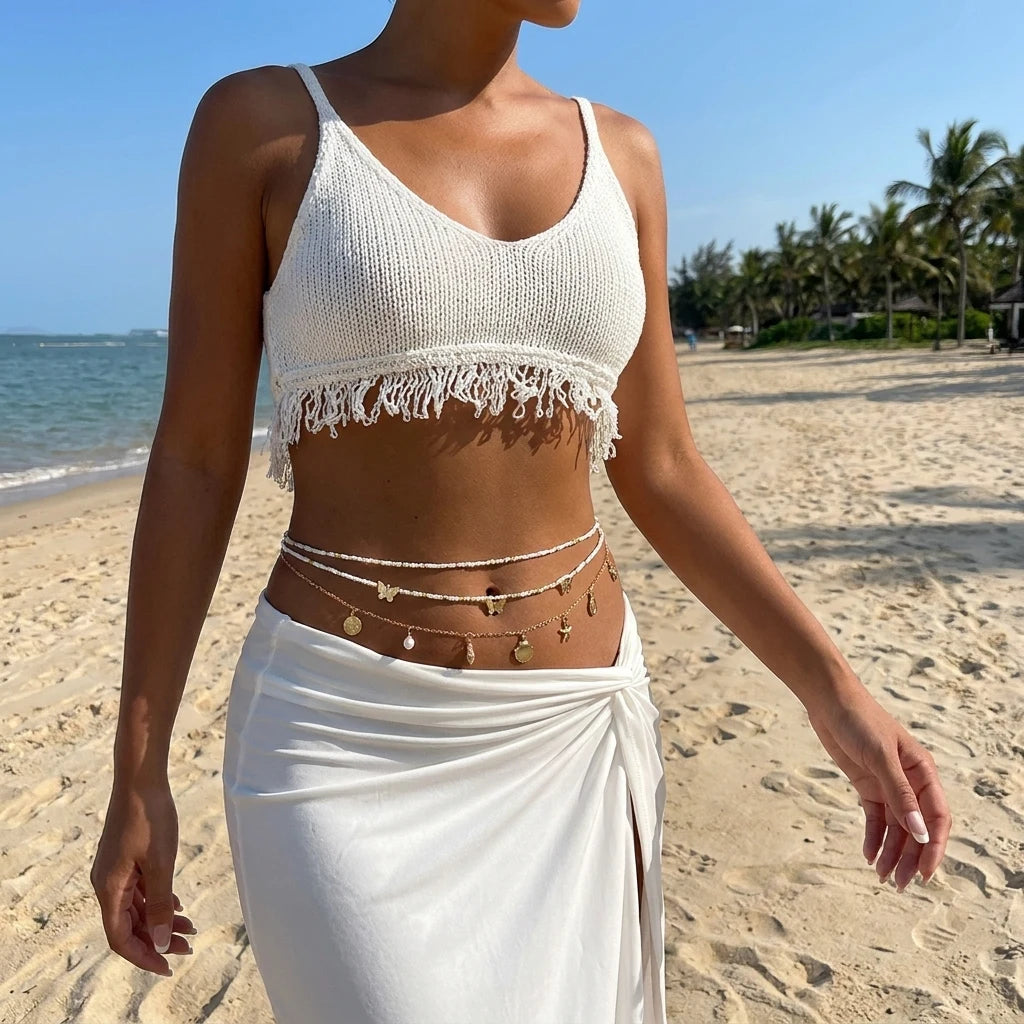 Chaîne de taille bohème tendance pour femme avec pendentifs étoile de mer, coquillage, tortue, papillon et perles de riz, bijou de corps pour fête de plage