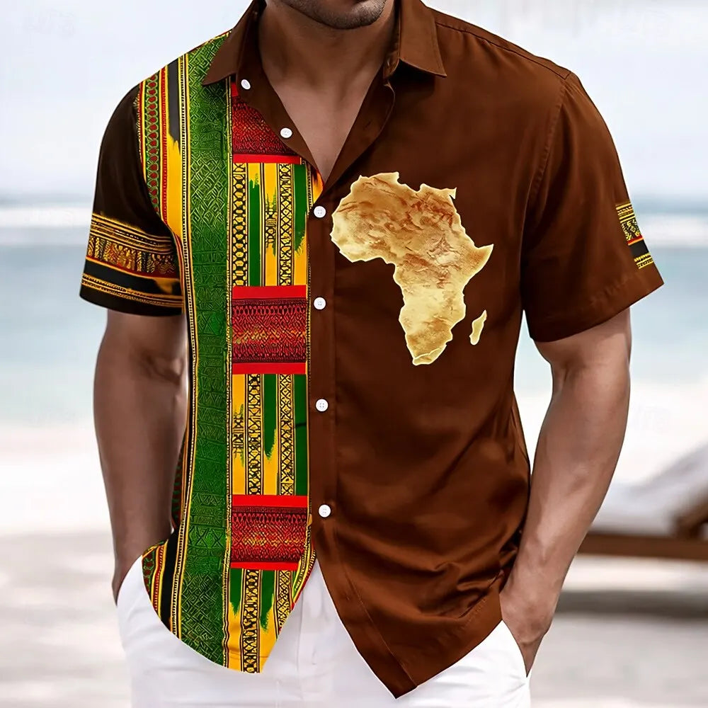 Chemise boutonnée vintage Juneteenth à manches courtes pour homme, chemise à col rabattu avec motif carte de la liberté africaine, tenue printemps-été