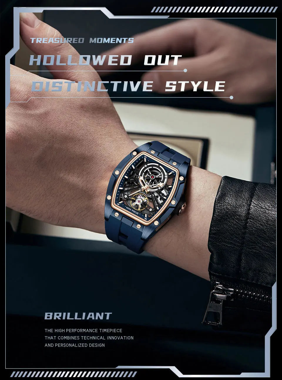 Montre Homme MINIFOCUS — Mécanique Automatique Squelette, Silicone & Waterproof 5ATM