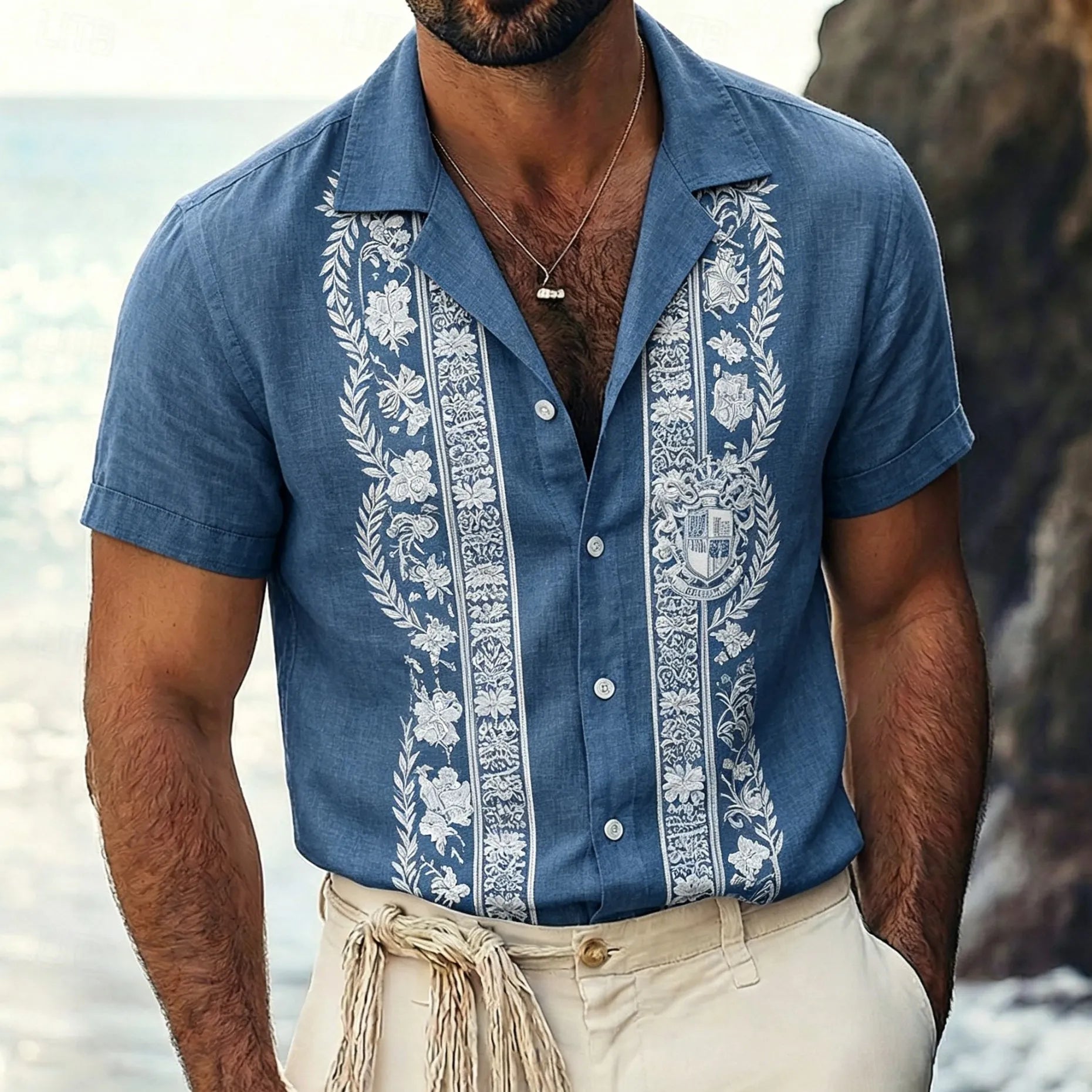 Chemise à manches courtes pour homme, imprimé floral vintage rayé. Plusieurs coloris disponibles