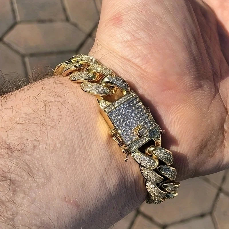Bracelet de luxe en chaîne à maillons cubains glacés pour hommes, bijoux Hip-Hop en cristal pavé, en acier inoxydable, scintillant, cadeau