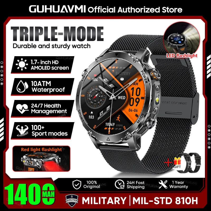 Smartwatch Militaire GUHUAVMI 2026 – Écran AMOLED 1,7", Batterie 1400mAh, GPS, Appel Bluetooth