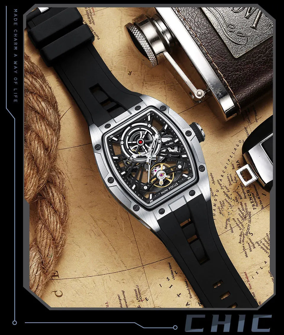 Montre Homme MINIFOCUS — Mécanique Automatique Squelette, Silicone & Waterproof 5ATM