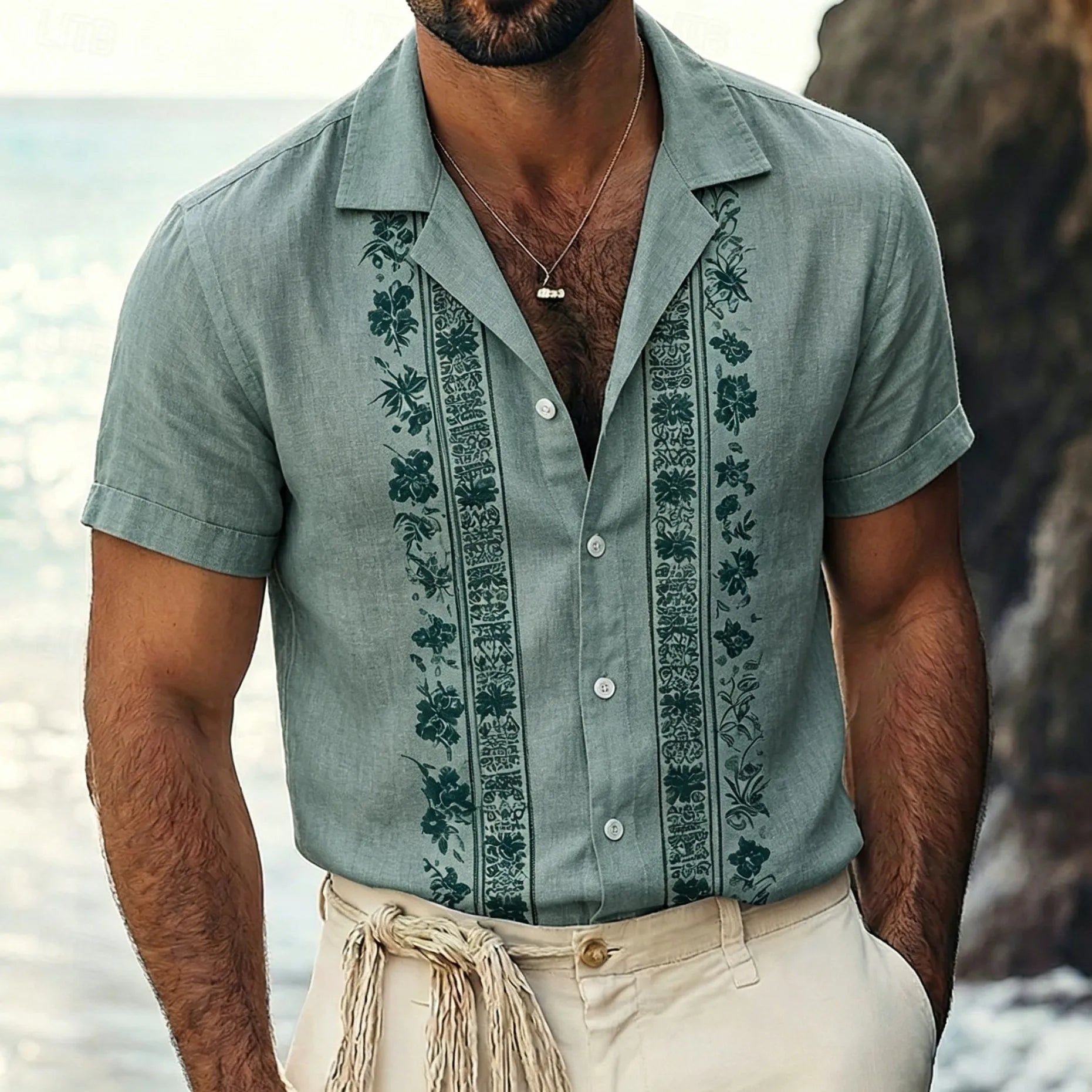 Chemise à manches courtes pour homme, imprimé floral vintage rayé. Plusieurs coloris disponibles