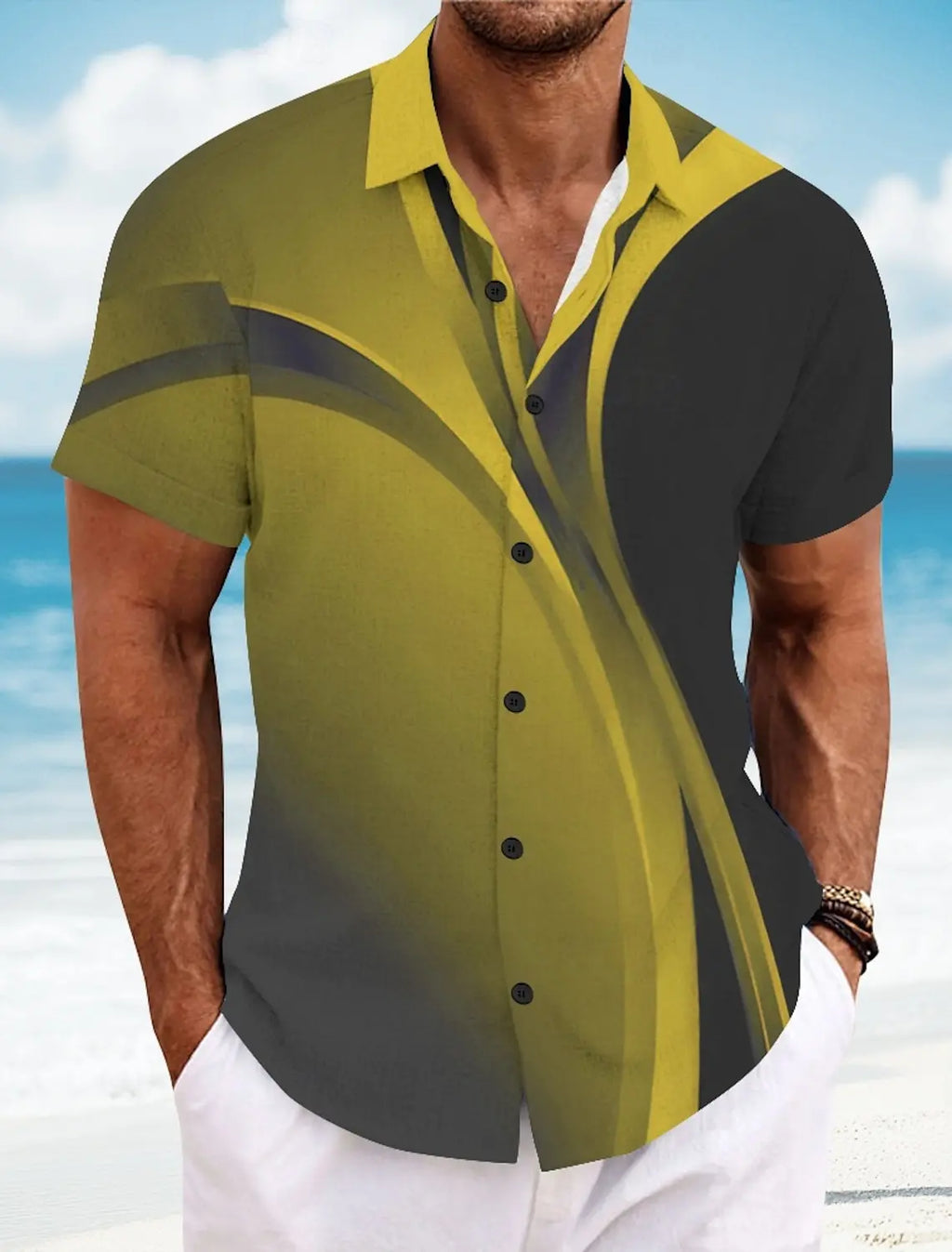 Chemises d'été à carreaux à grille géométrique pour hommes, chemise hawaïenne à manches courtes rabattu, chemises boutonnées sans poches