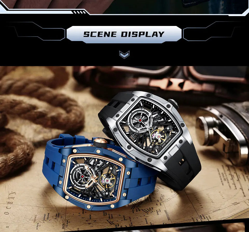 Montre Homme MINIFOCUS — Mécanique Automatique Squelette, Silicone & Waterproof 5ATM