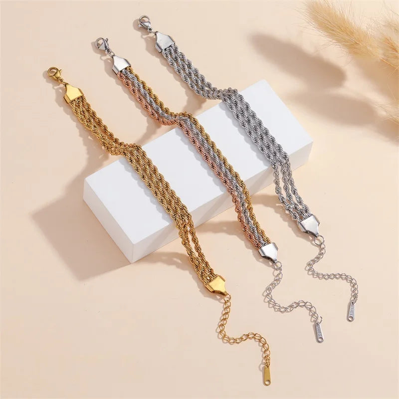 GANEMLY – Bracelet en acier inoxydable pour femmes, chaînes torsadées superposées en 3 couleurs, chaîne de poignet étanche, bijoux étanches