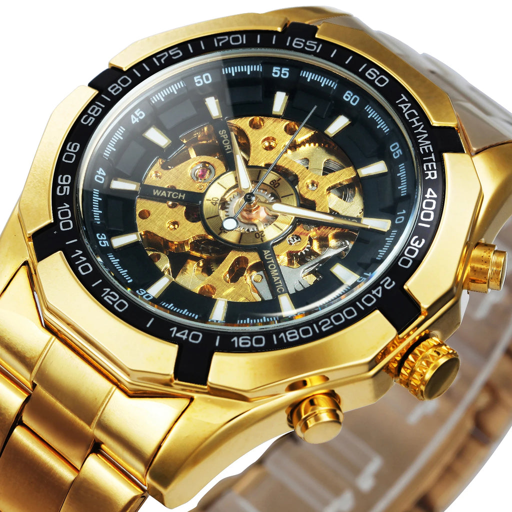 Montre Mécanique Squelette Homme WINNER – Aiguilles Lumineuses, Bracelet Acier
