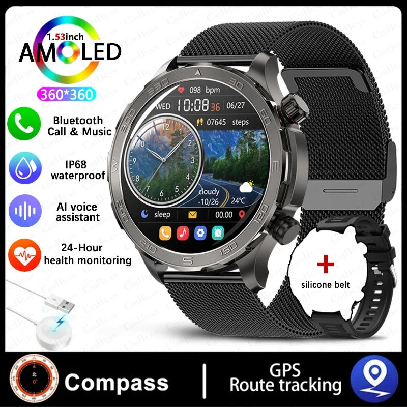 Montre intelligente étanche avec boussole pour homme, surveillance de la santé, traqueur de sport GPS, appel Bluetooth HD, assistant vocal, nouveau, 2024